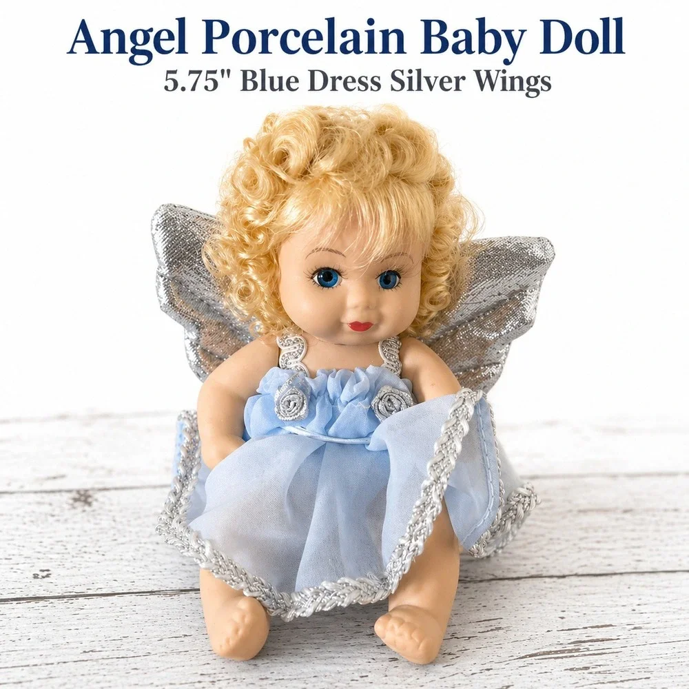 Angel Porcelain Baby Doll 5.75 in Blue Dress Silver Wings Blonde Hair Blue Eyes